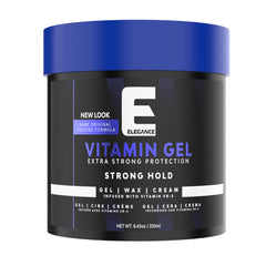 E Elegance Vitamin Gel bottle pour showing hold and protection for hair.