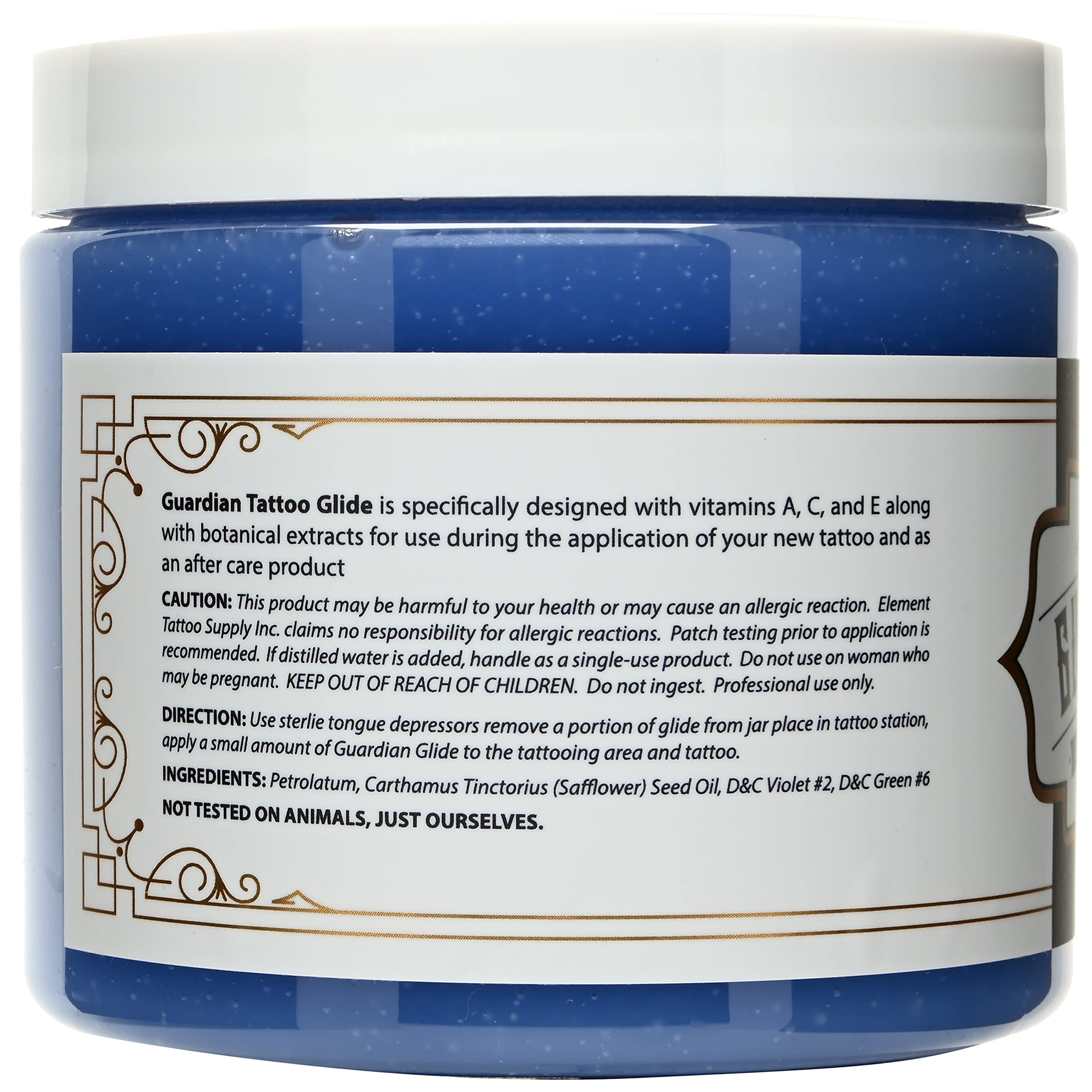 Element Tattoo Supply Guardian Tattoo Glide jar label highlights ingredients and professional-grade design.