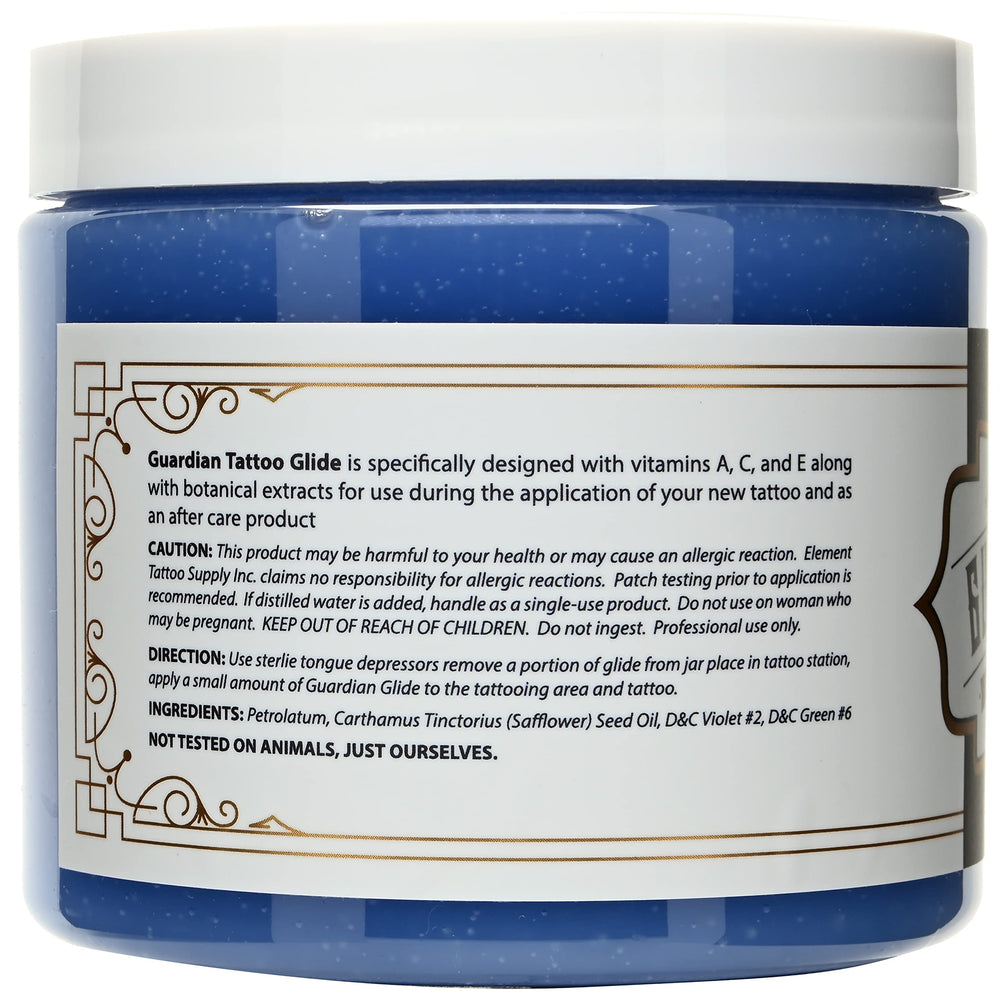 Element Tattoo Supply Guardian Tattoo Glide jar label highlights ingredients and professional-grade design.