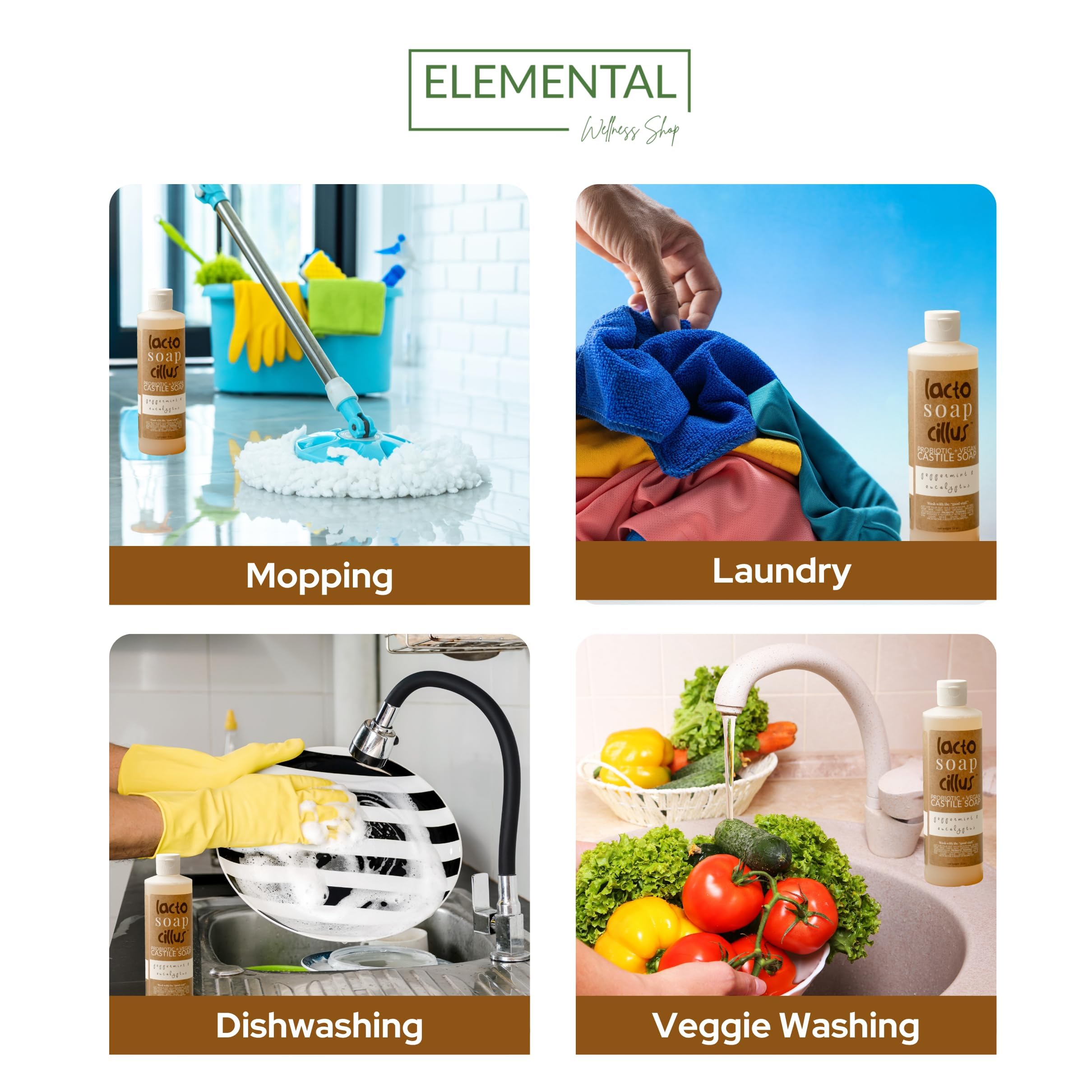 Elemental Wellness Probiotic Castile Soap natural ingredients highlight skin-friendly botanicals
