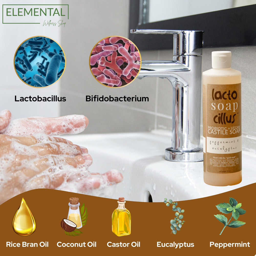 Elemental Wellness Probiotic Castile Soap skin-softening formula nourishes during wash