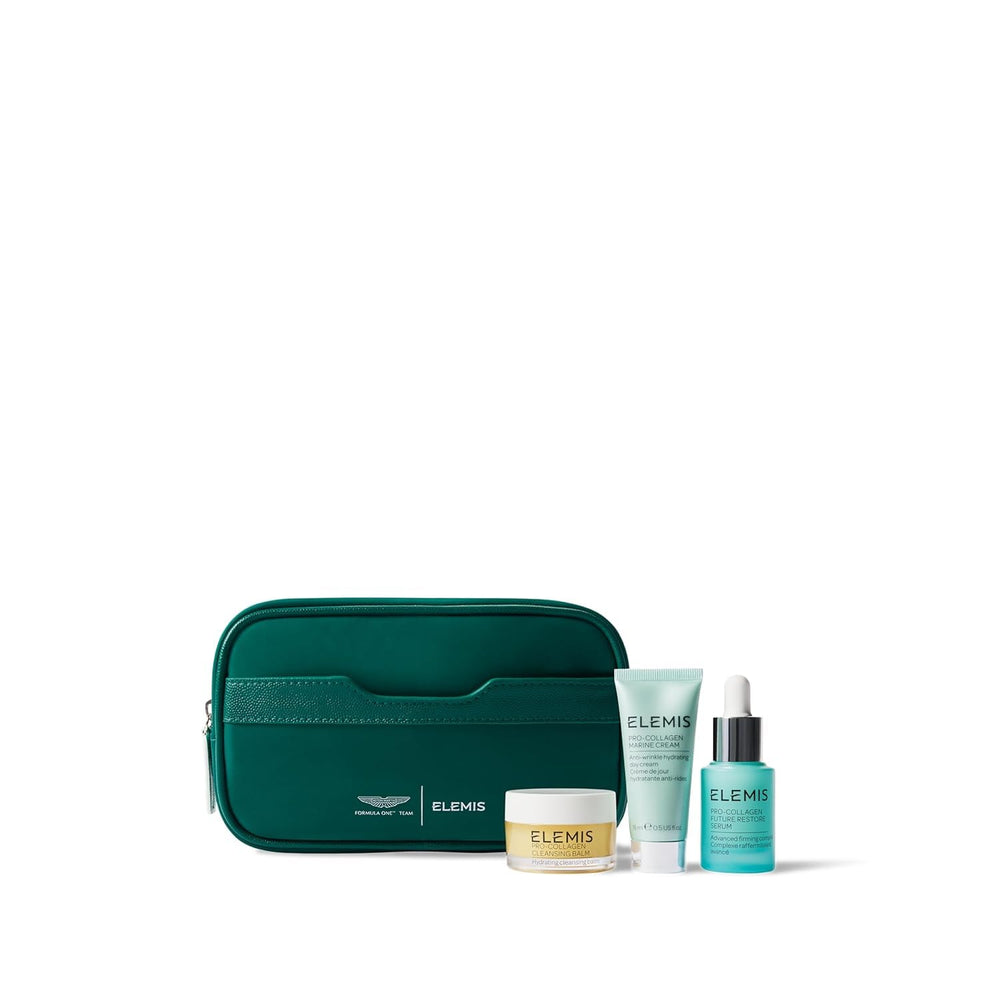 ELEMIS x Aston Martin discovery set bottles for travel-size skincare on-the-go.