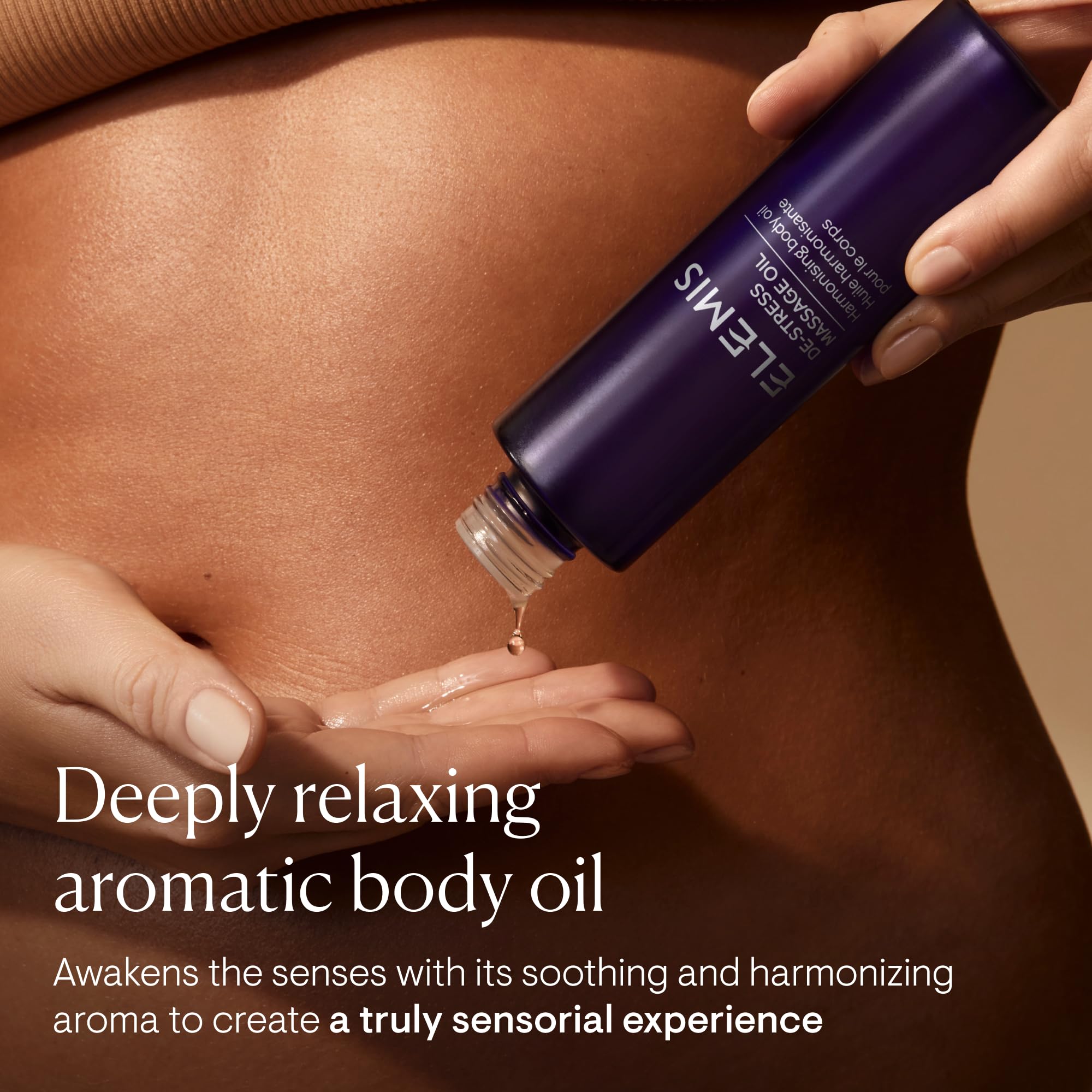 ELEMIS De-Stress Massage Oil bottle highlighting quick absorption and hydration.