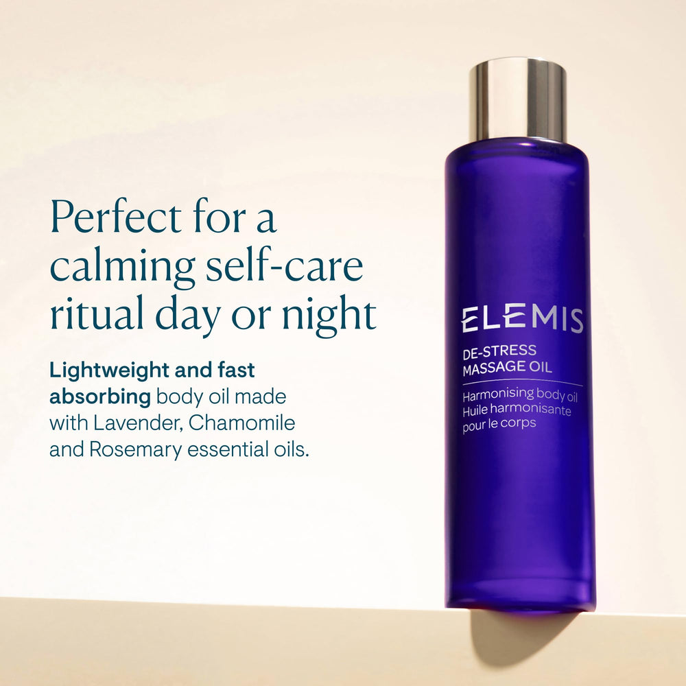 ELEMIS De-Stress Massage Oil essential oil blend conveys spa-like serenity.