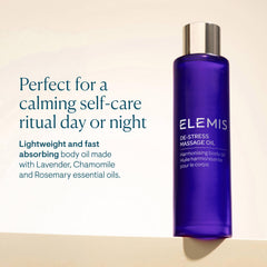 ELEMIS De-Stress Massage Oil essential oil blend conveys spa-like serenity.
