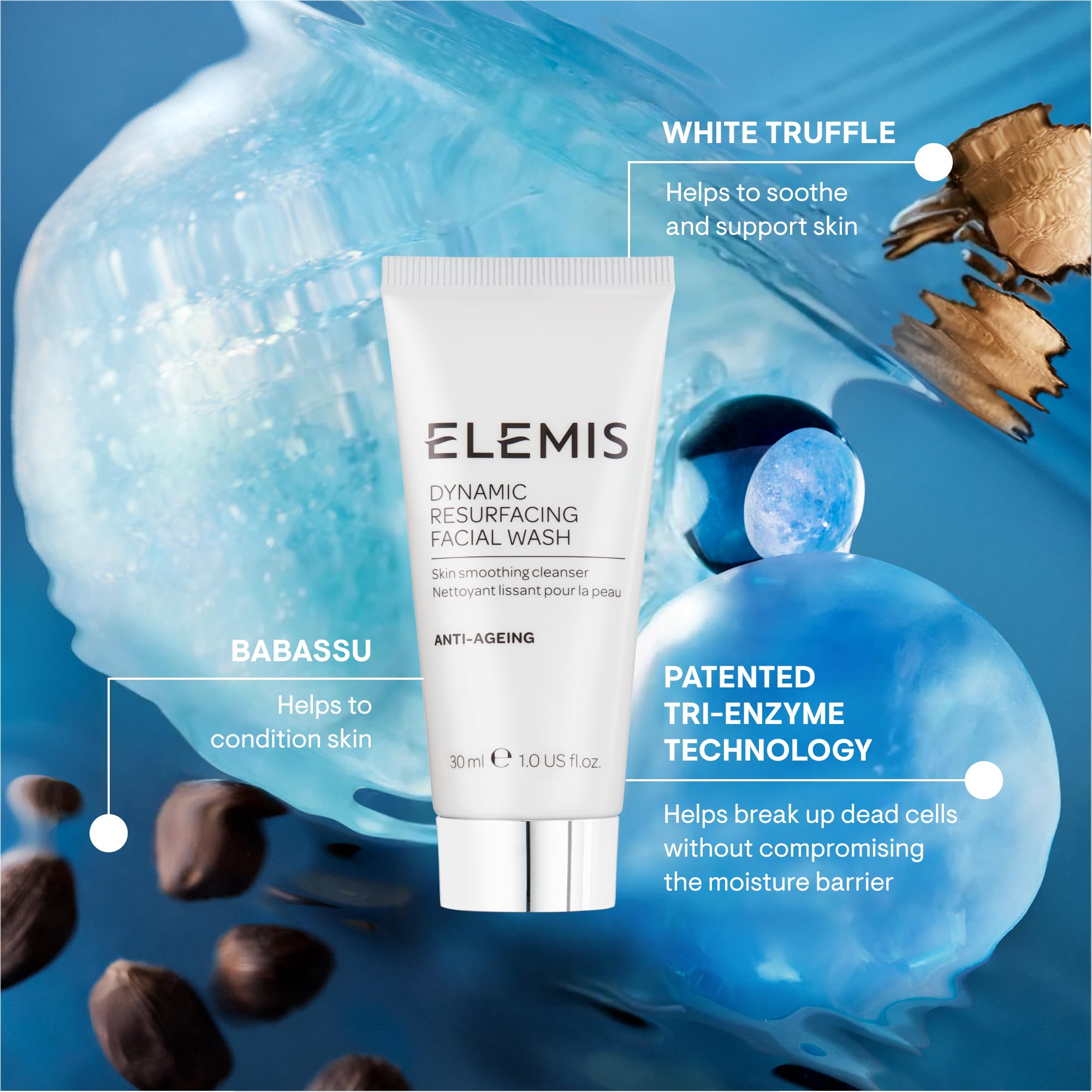ELEMIS Dynamic Resurfacing Facial Wash packaging detail emphasizes premium branding.
