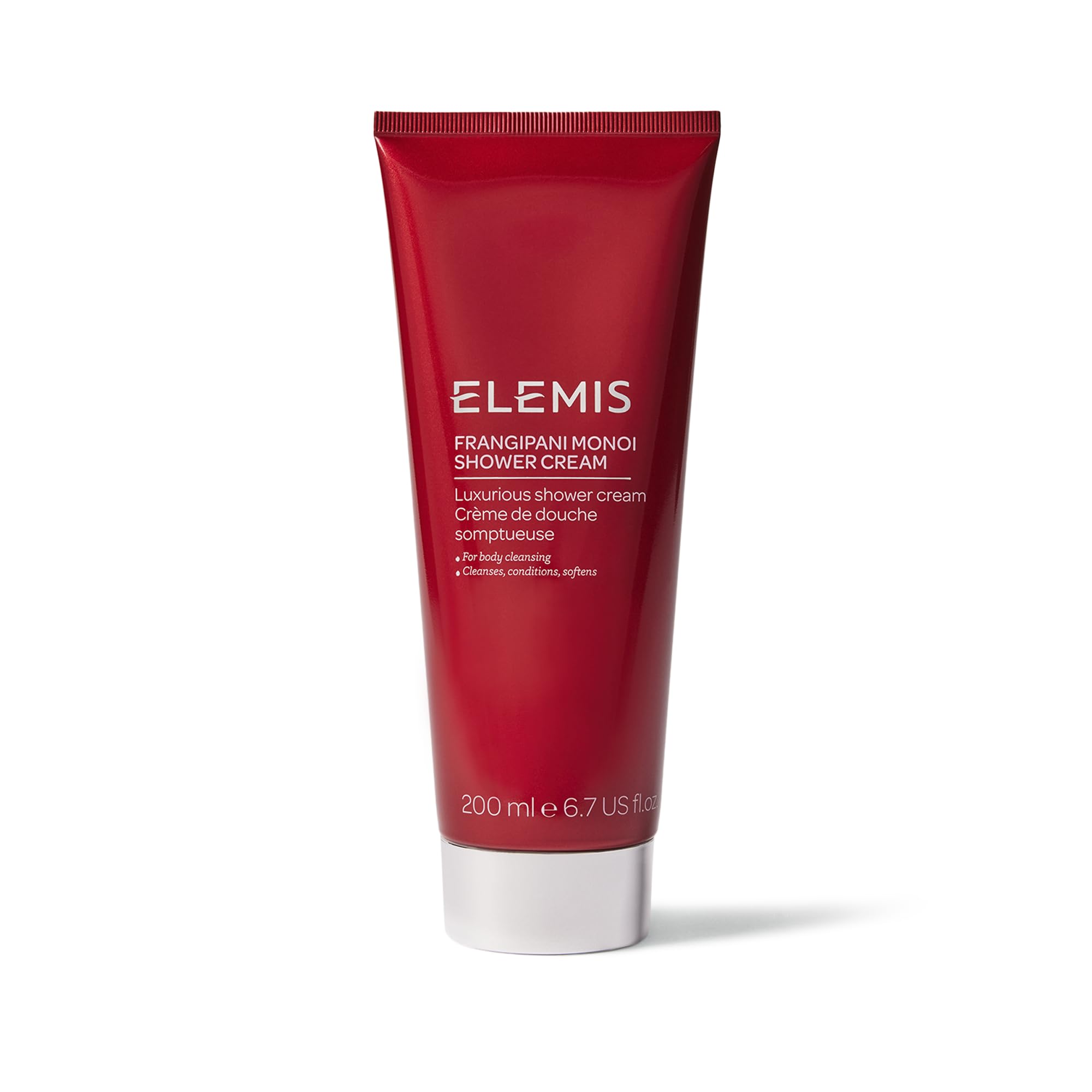 ELEMIS Frangipani Monoi shower cream bottle for luxurious daily cleansing.