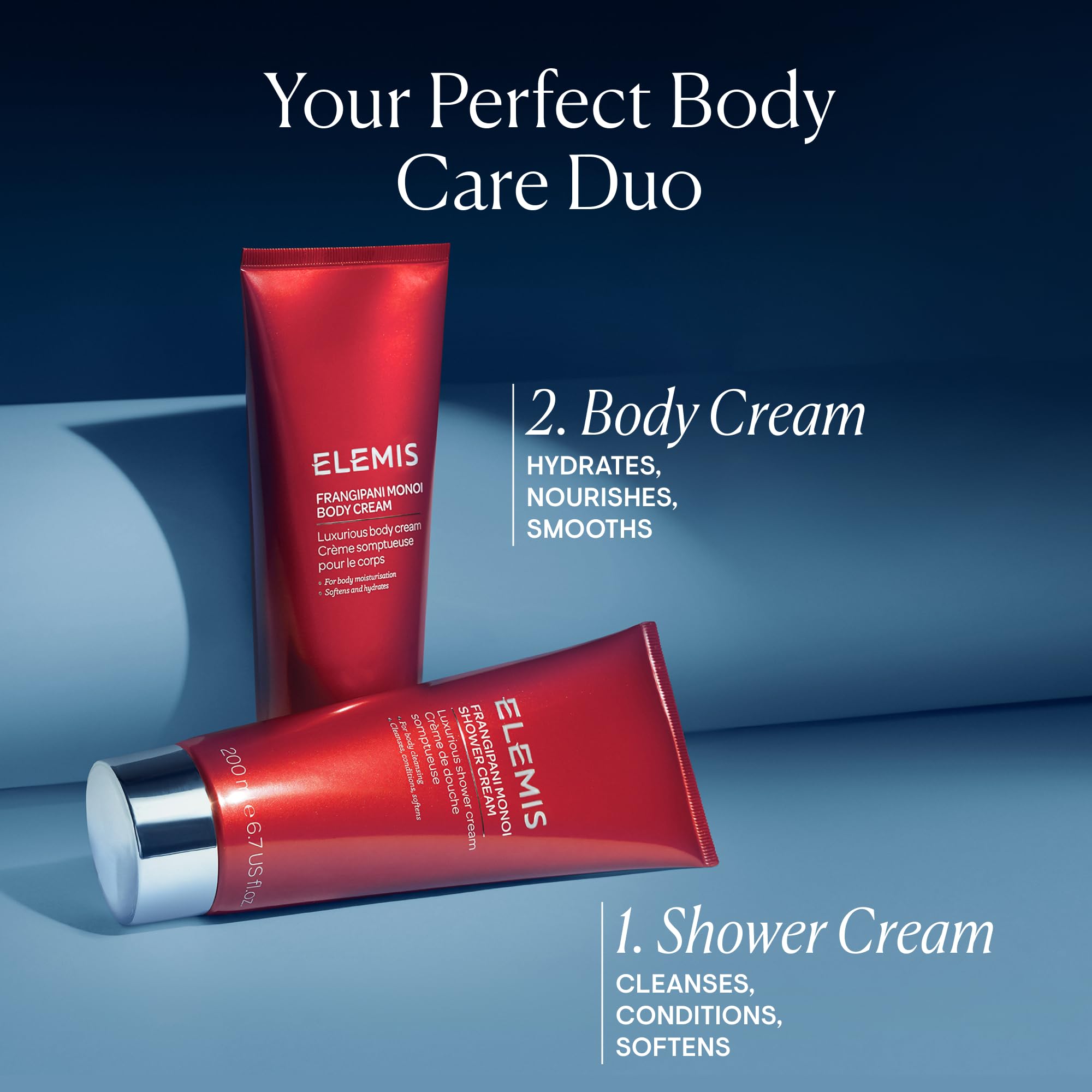 ELEMIS Frangipani Monoi cream texture close-up shows silky, smooth skin.
