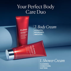 ELEMIS Frangipani Monoi cream texture close-up shows silky, smooth skin.