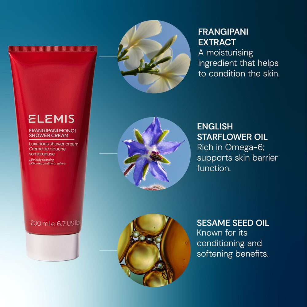 ELEMIS Frangipani Monoi foam highlights hydrating formula.