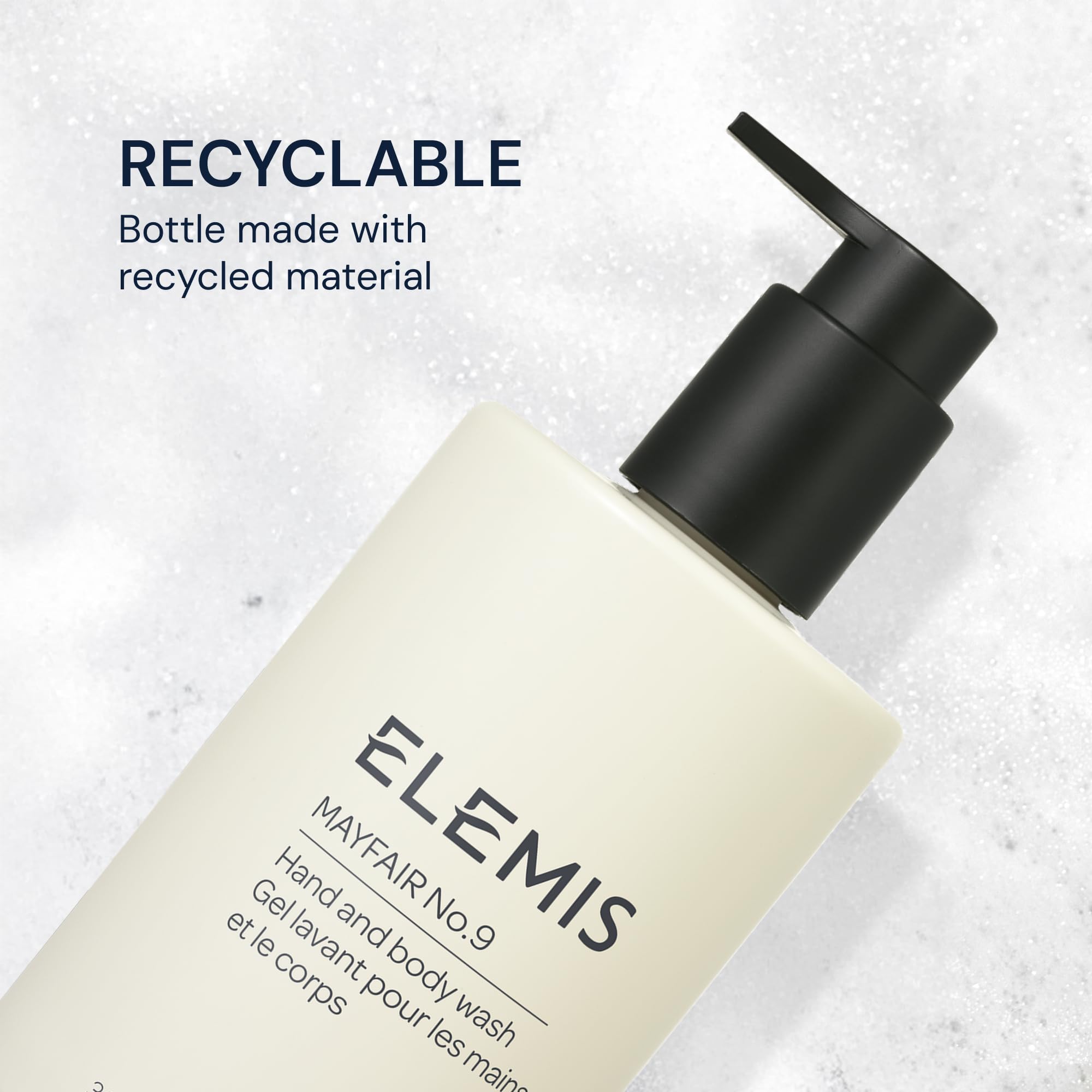 Elemis Mayfair No.9 biodegradable icon emphasizes eco-conscious formula.