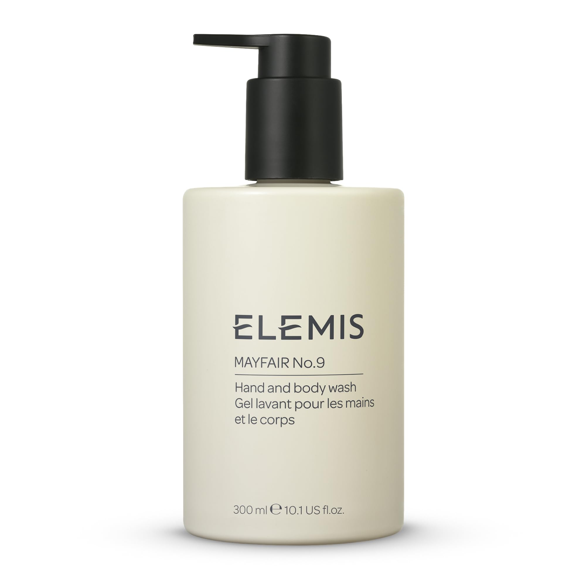 Elemis Mayfair No.9 Hand & Body Wash bottle closeup showing premium packaging and hydrating cleanse.