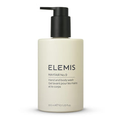 Elemis Mayfair No.9 Hand & Body Wash bottle closeup showing premium packaging and hydrating cleanse.