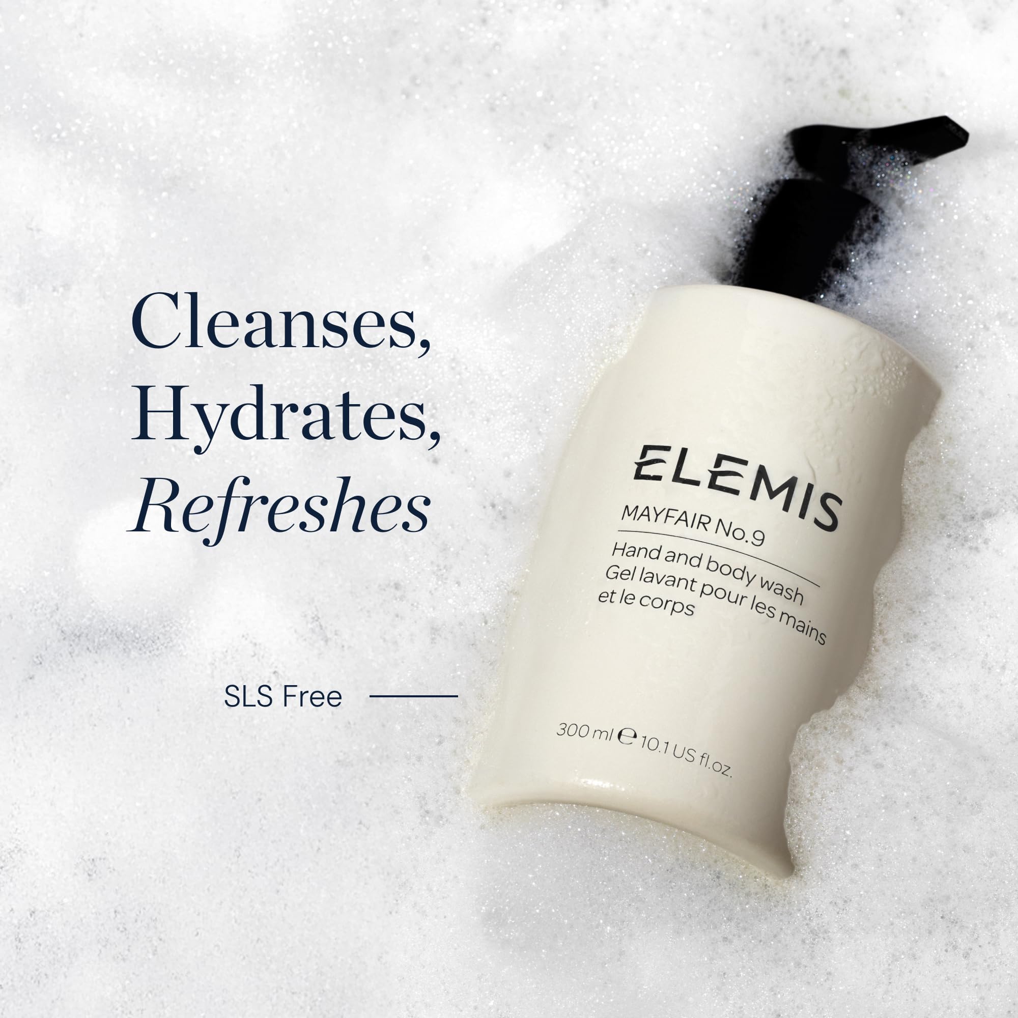 Elemis Mayfair No.9 label detail highlighting eco-friendly attributes and fragrance inspiration.
