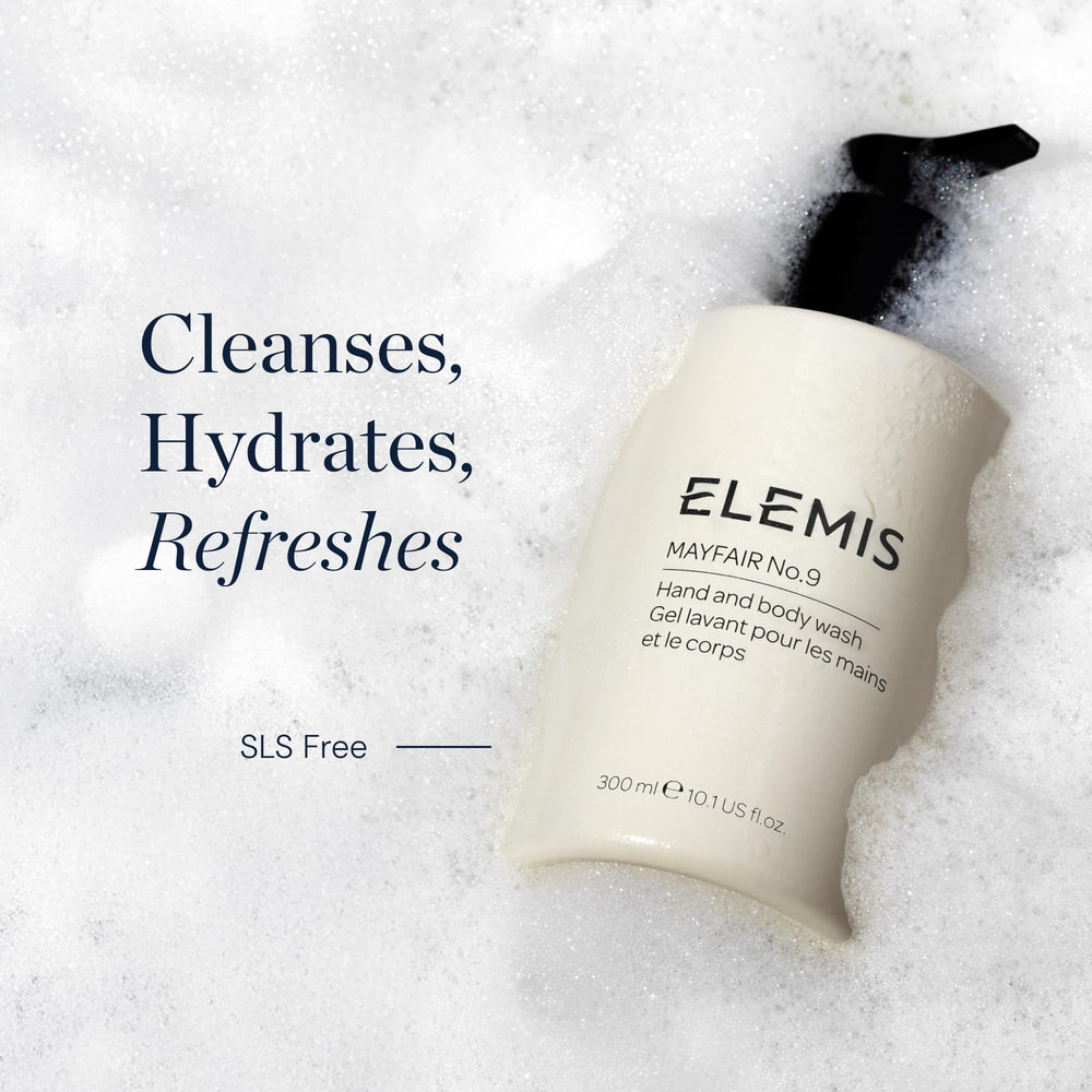 Elemis Mayfair No.9 label detail highlighting eco-friendly attributes and fragrance inspiration.