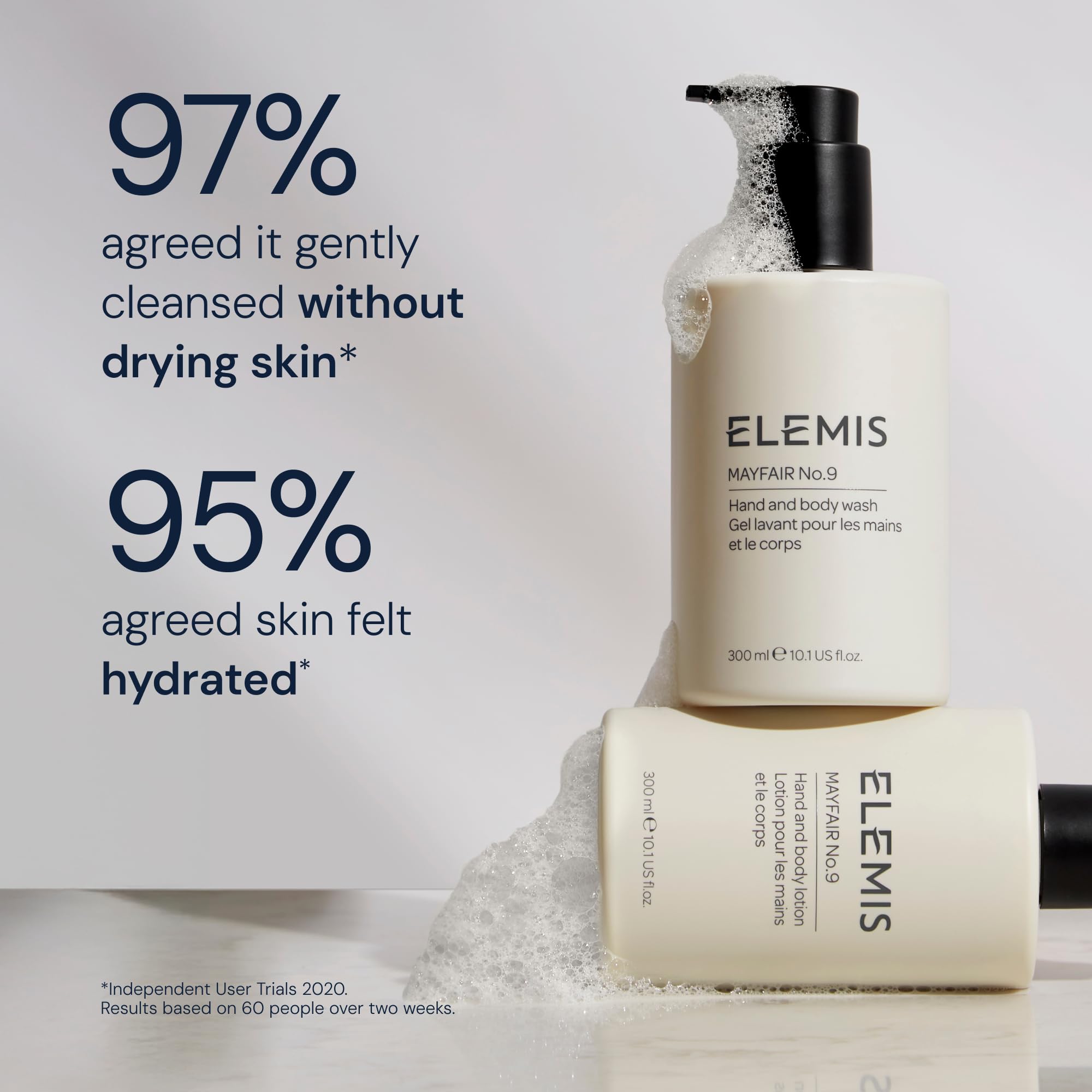 Elemis Mayfair No.9 hand wash lather forms rich foam for gentle cleansing.
