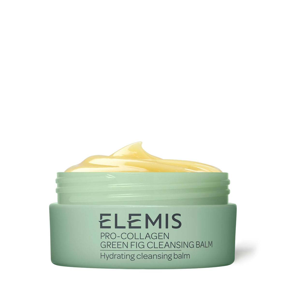 Elemis Pro-Collagen Cleansing Balm jar closeup for makeup removal and rich texture.
