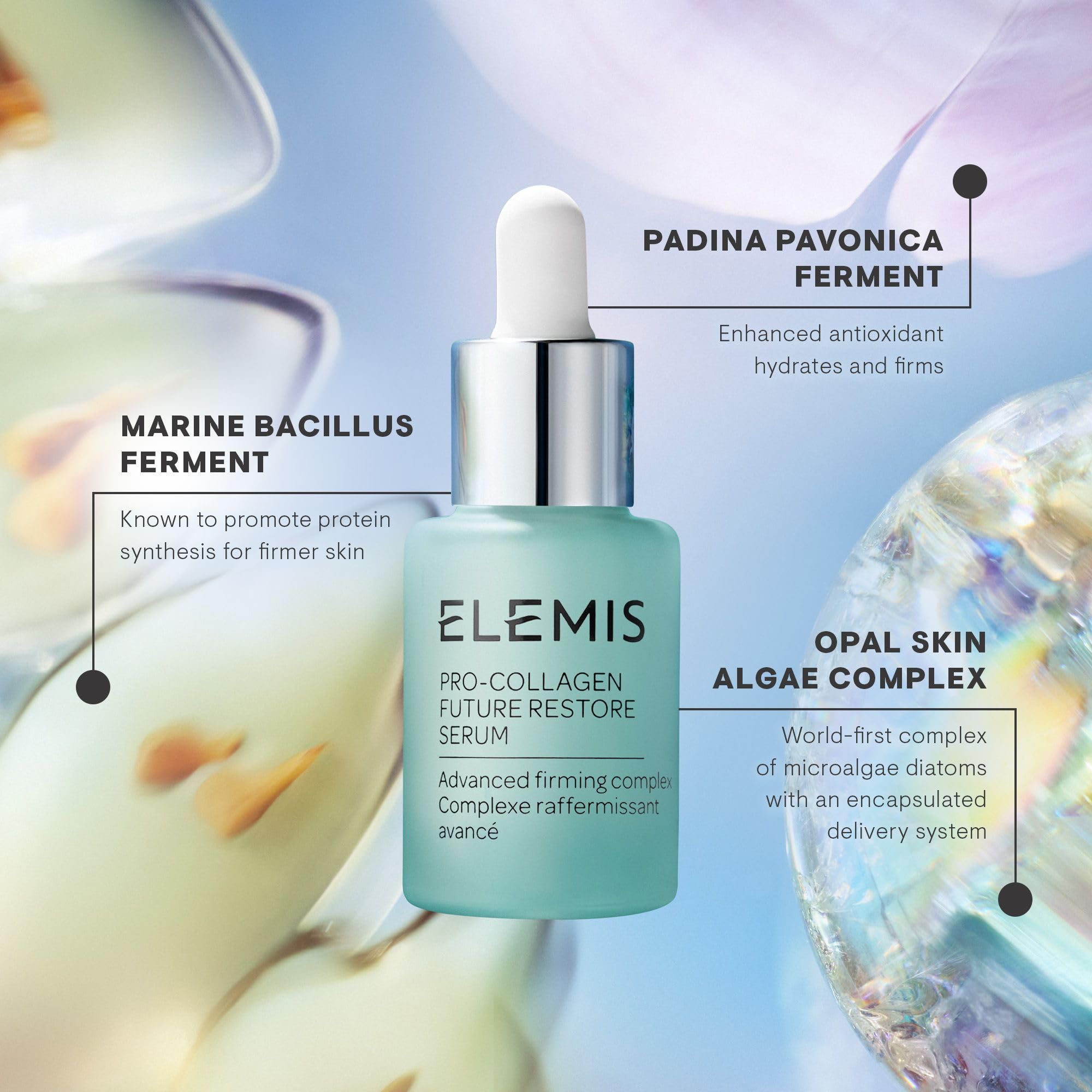 Texture close-up of Elemis Pro-Collagen Future Restore Serum implying plush, lightweight feel.