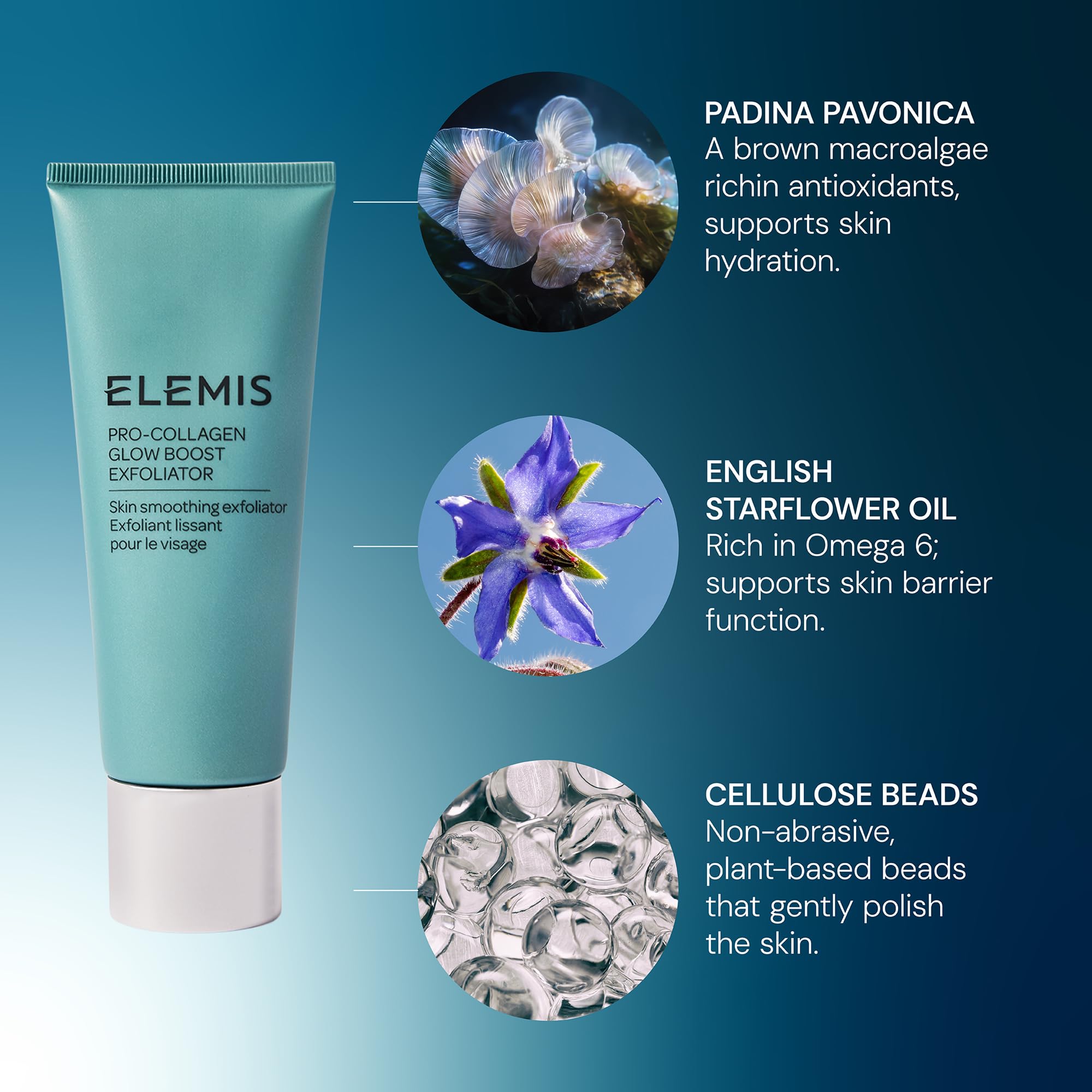 Cap close-up of Elemis Glow Boost Exfoliator showing premium design.