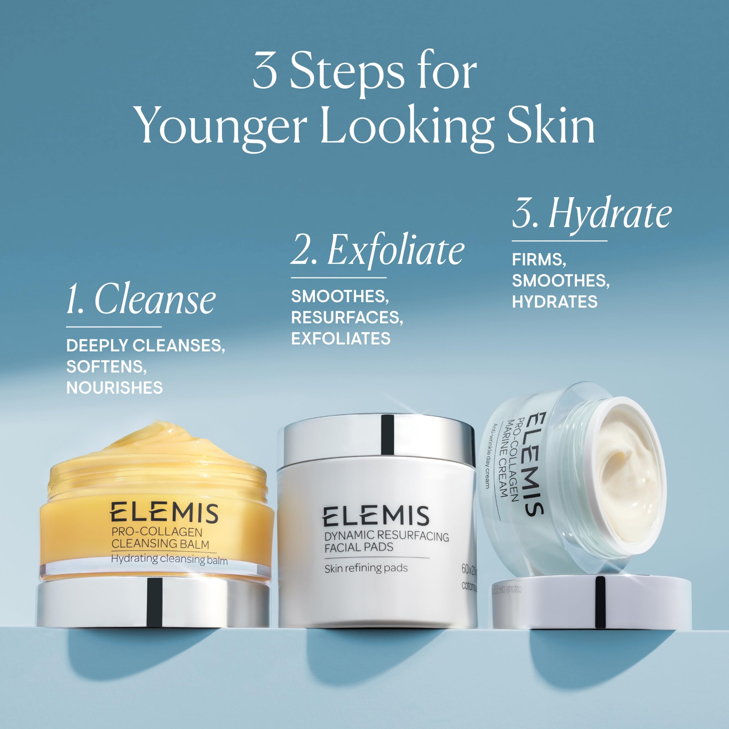 Bright ELEMIS bottle on shelf signals premium anti-aging skincare