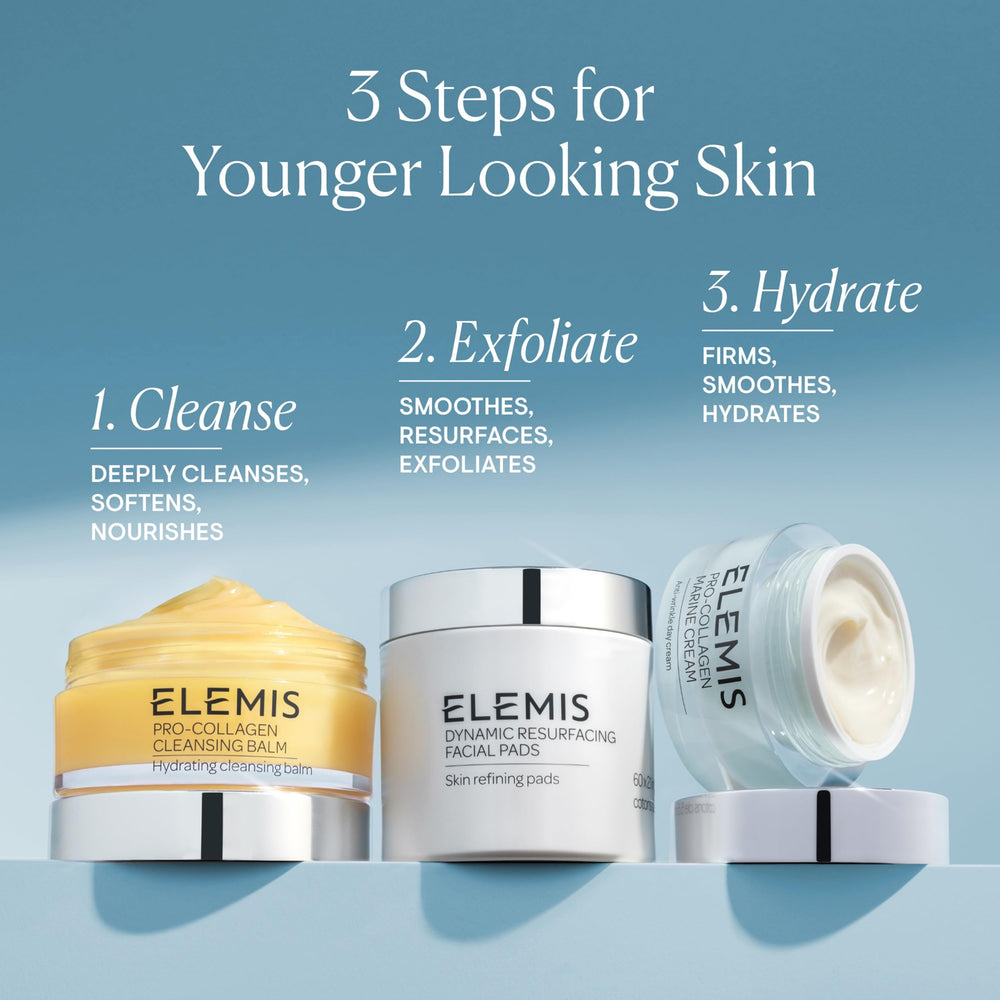 Bright ELEMIS bottle on shelf signals premium anti-aging skincare