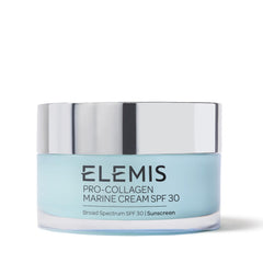 Elemis Pro-Collagen Marine Cream SPF 30 jar closeup shows premium packaging and hydrating texture.