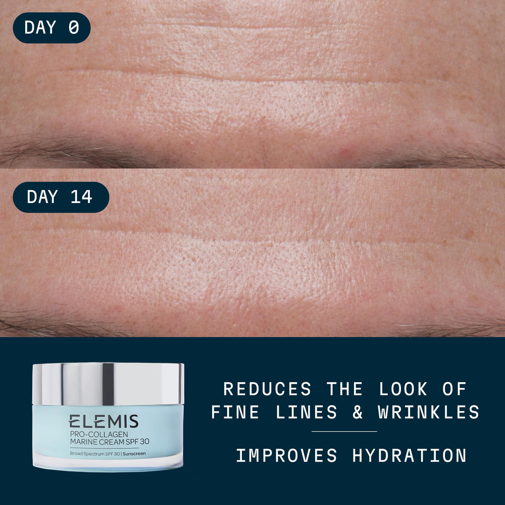 Elemis Pro-Collagen Marine Cream SPF 30 label detail highlights SPF and luxury branding.