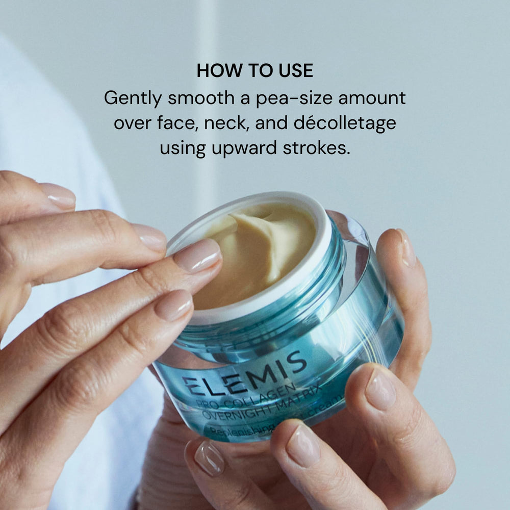 Bottle in hand shows generous 50ml size of Elemis Pro-Collagen Overnight Matrix