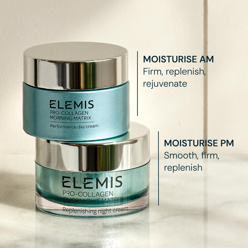 Nightly skincare image with Elemis Pro-Collagen Overnight Matrix emphasizes convenient care