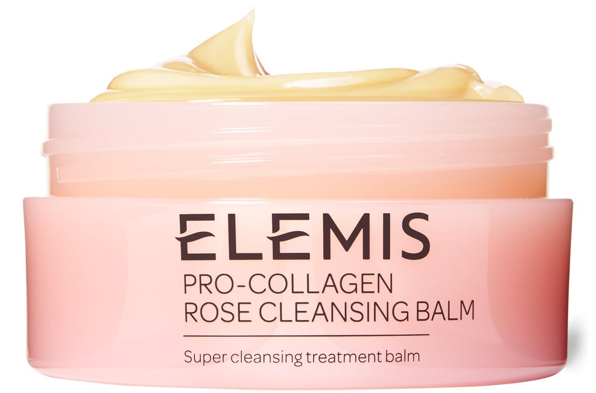 Elemis Pro-Collagen Rose Cleansing Balm packshot showing makeup removal use