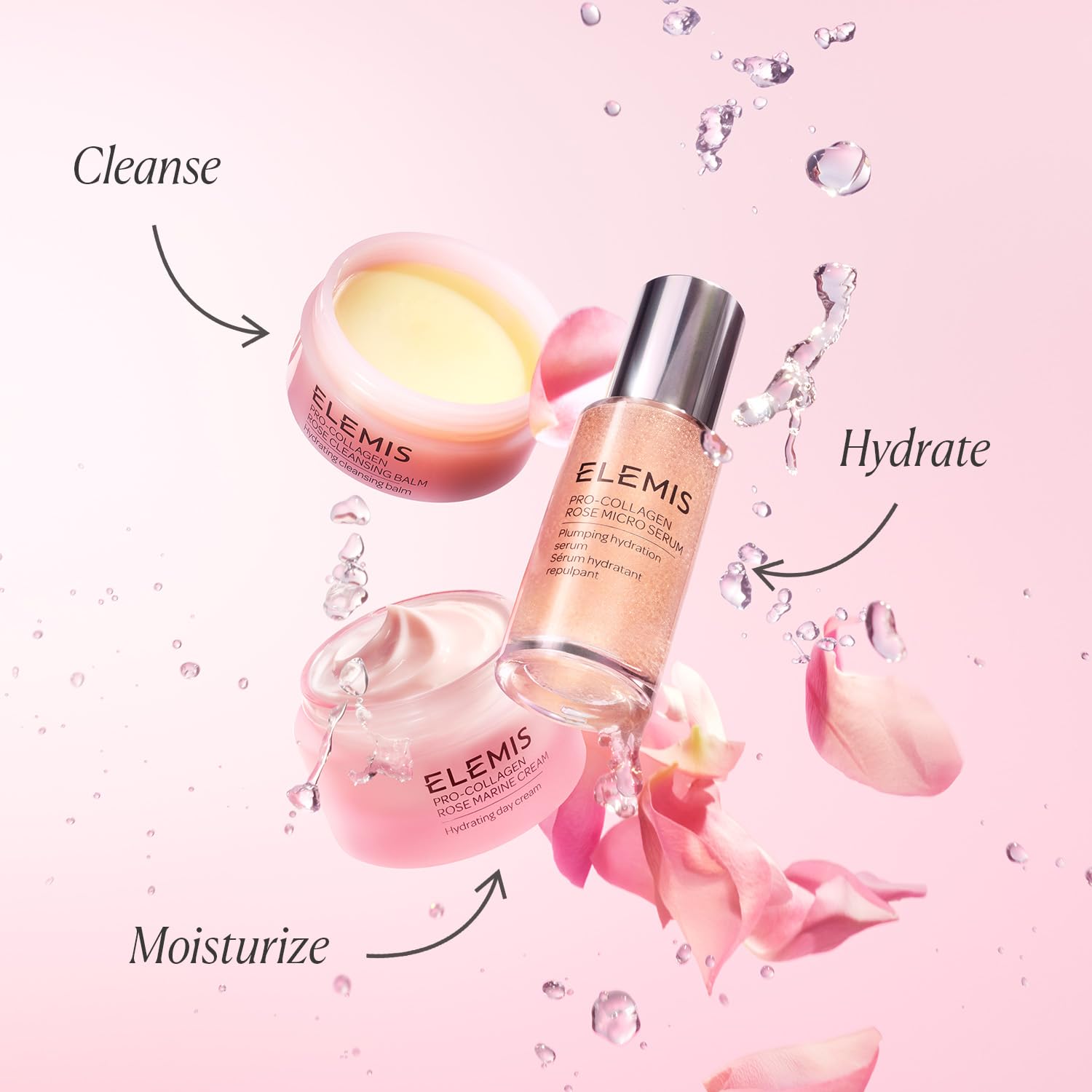 Elemis Pro-Collagen Rose Micro Serum pump and bottle ready for use.