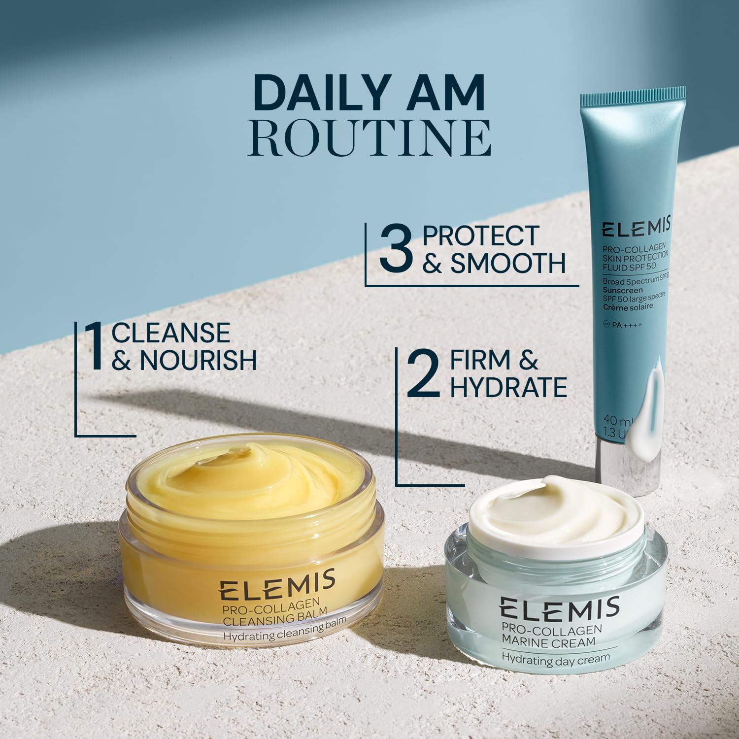 Elemis SPF50 bottle in use beside skincare routine
