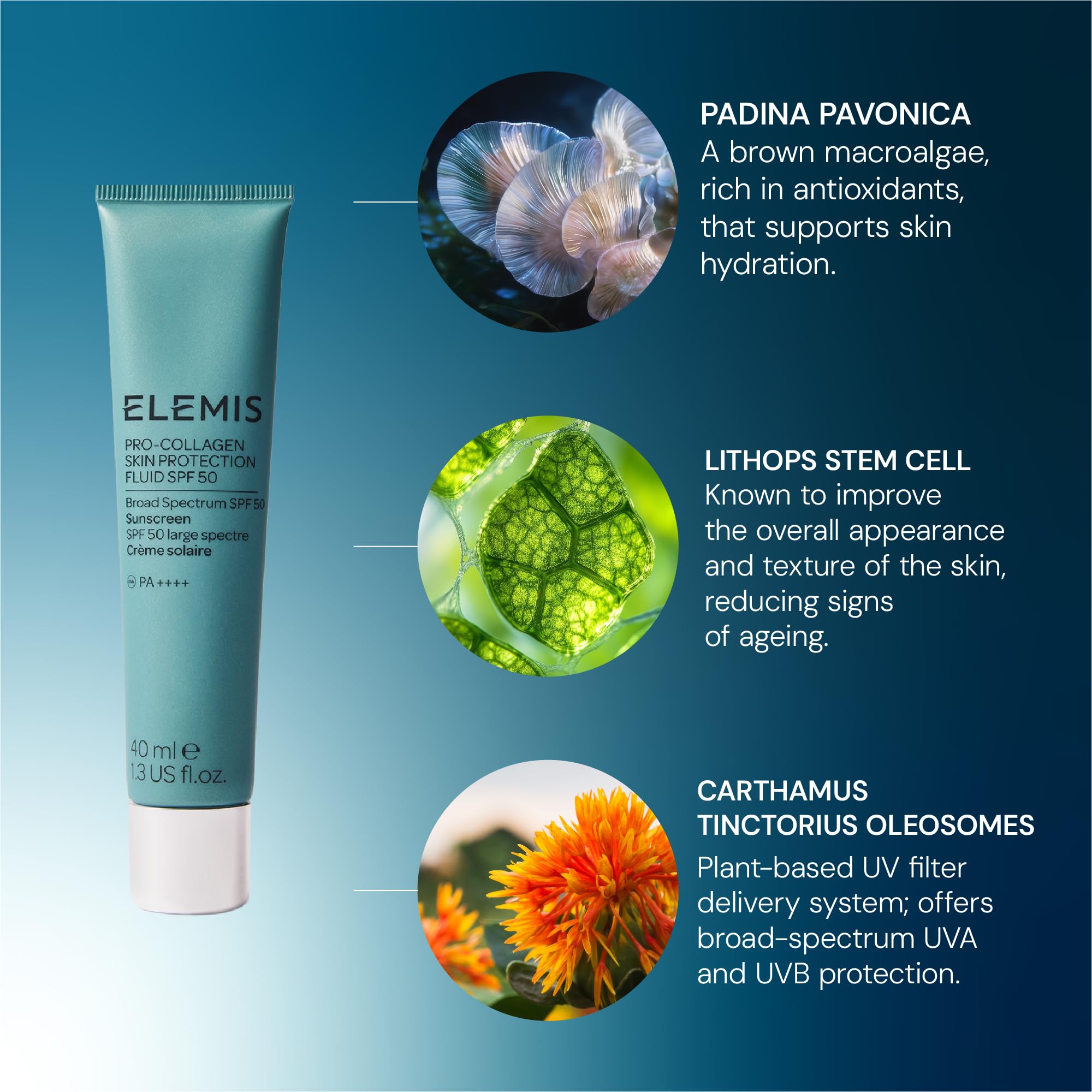 Elemis sunscreen product display highlighting clean, natural finish