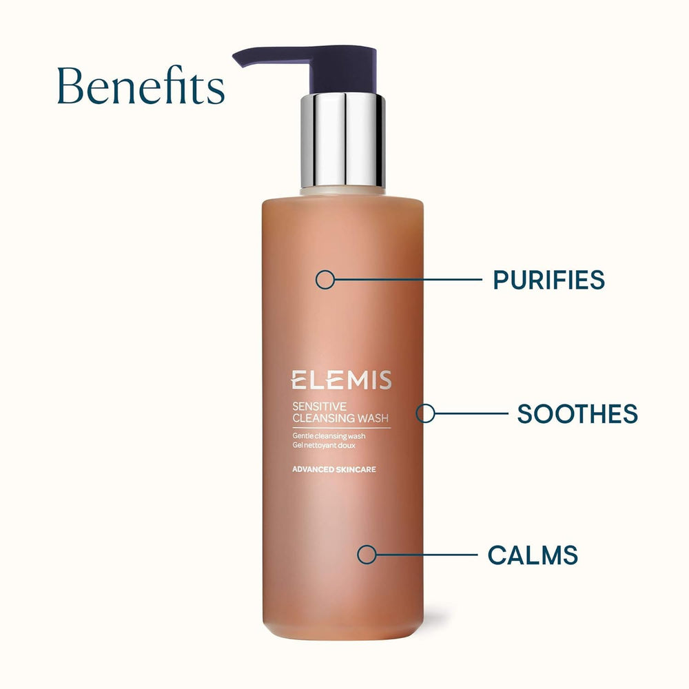 ELEMIS Sensitive Cleansing Wash botanicals scene highlights thyme, chamomile, and Lady’s Mantle.