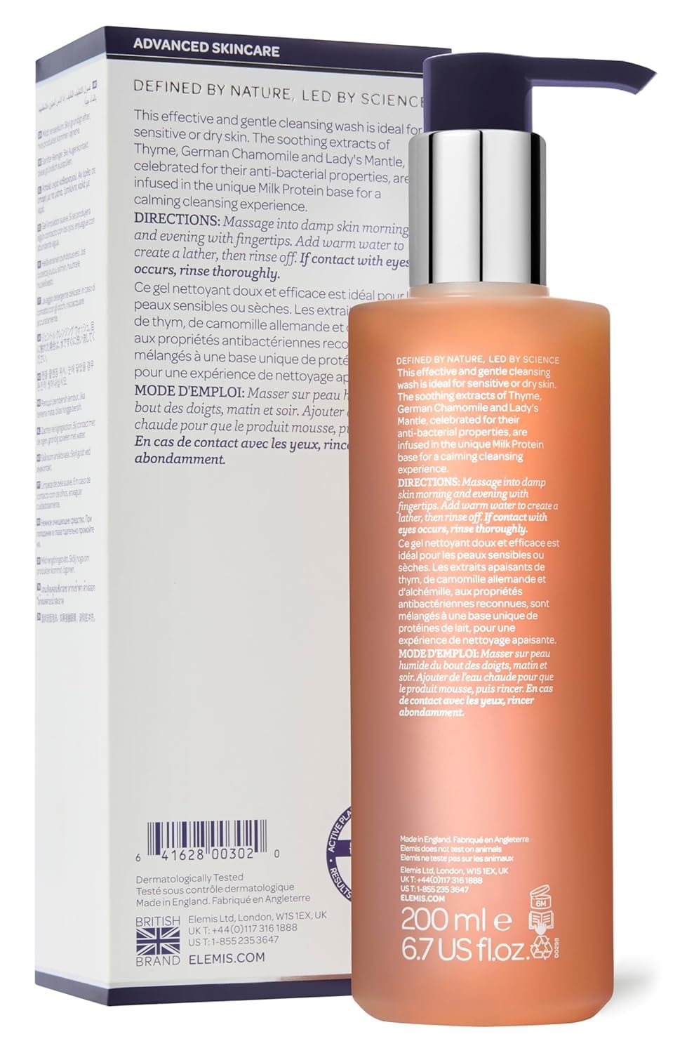 ELEMIS Sensitive Cleansing Wash bottle closeup highlighting soothing botanicals for dry skin.