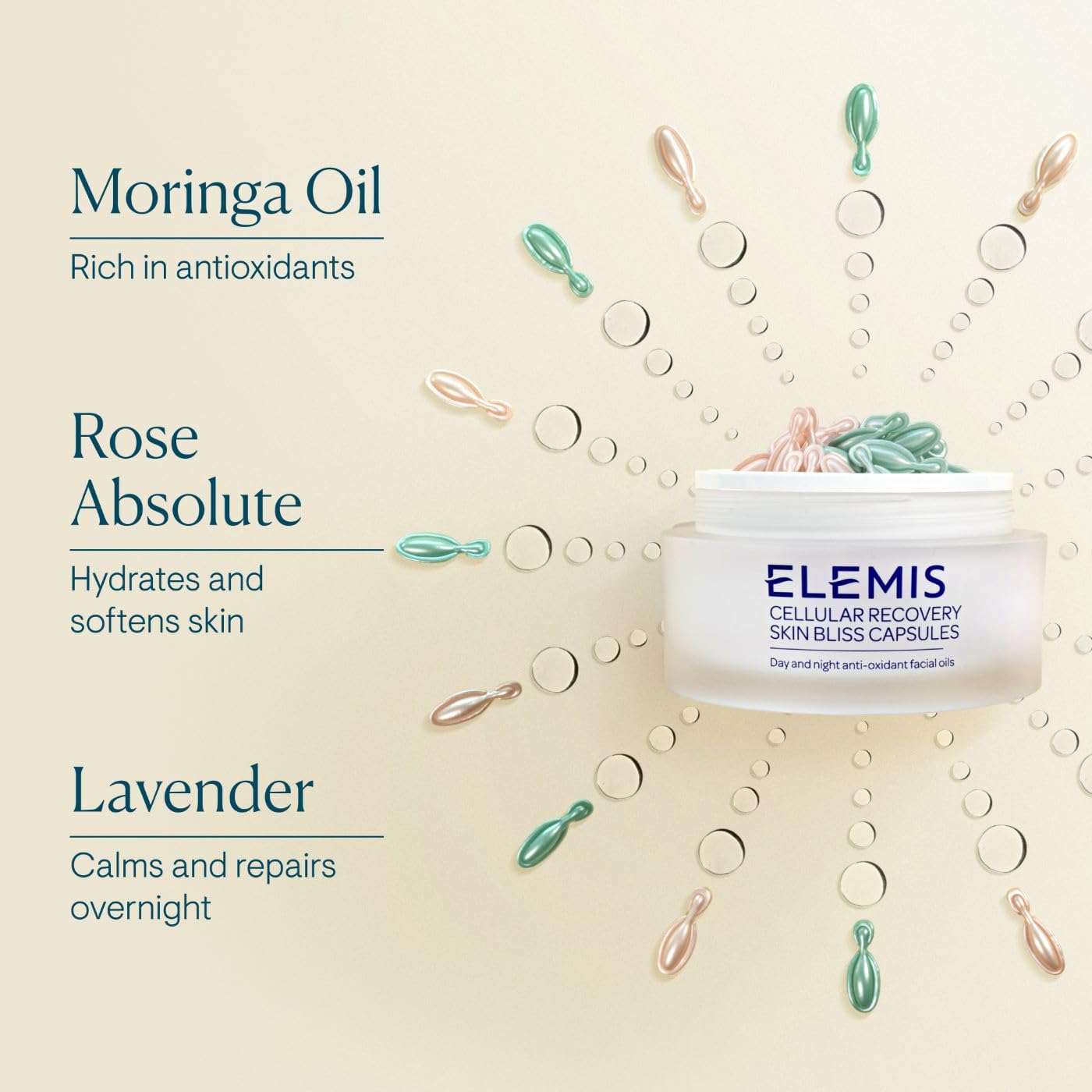 ELEMIS Skin Bliss Capsules daily use on clean skin for a hydrated look.