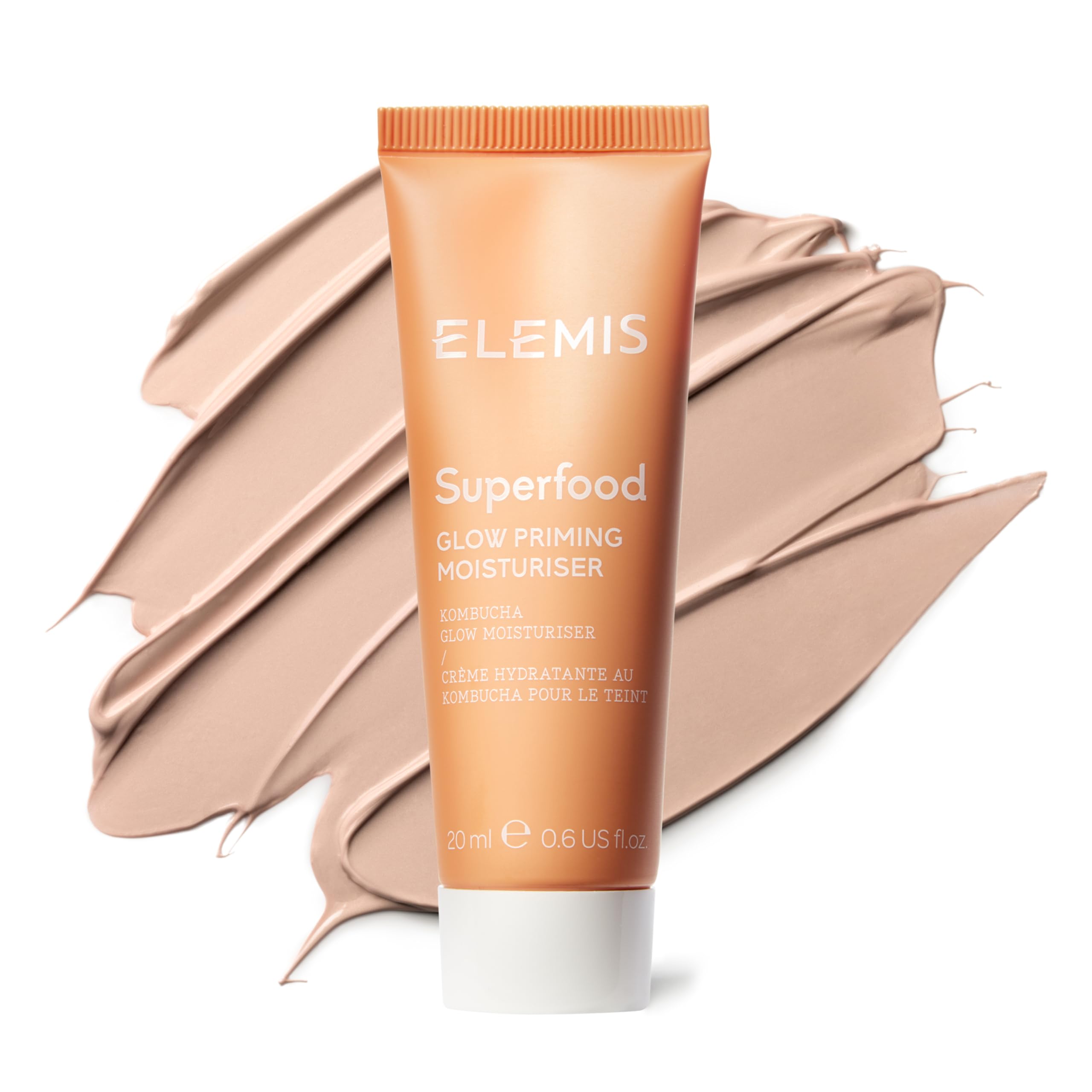 Elemis Superfood Glow Priming Moisturizer bottle front enhances radiant hydration.