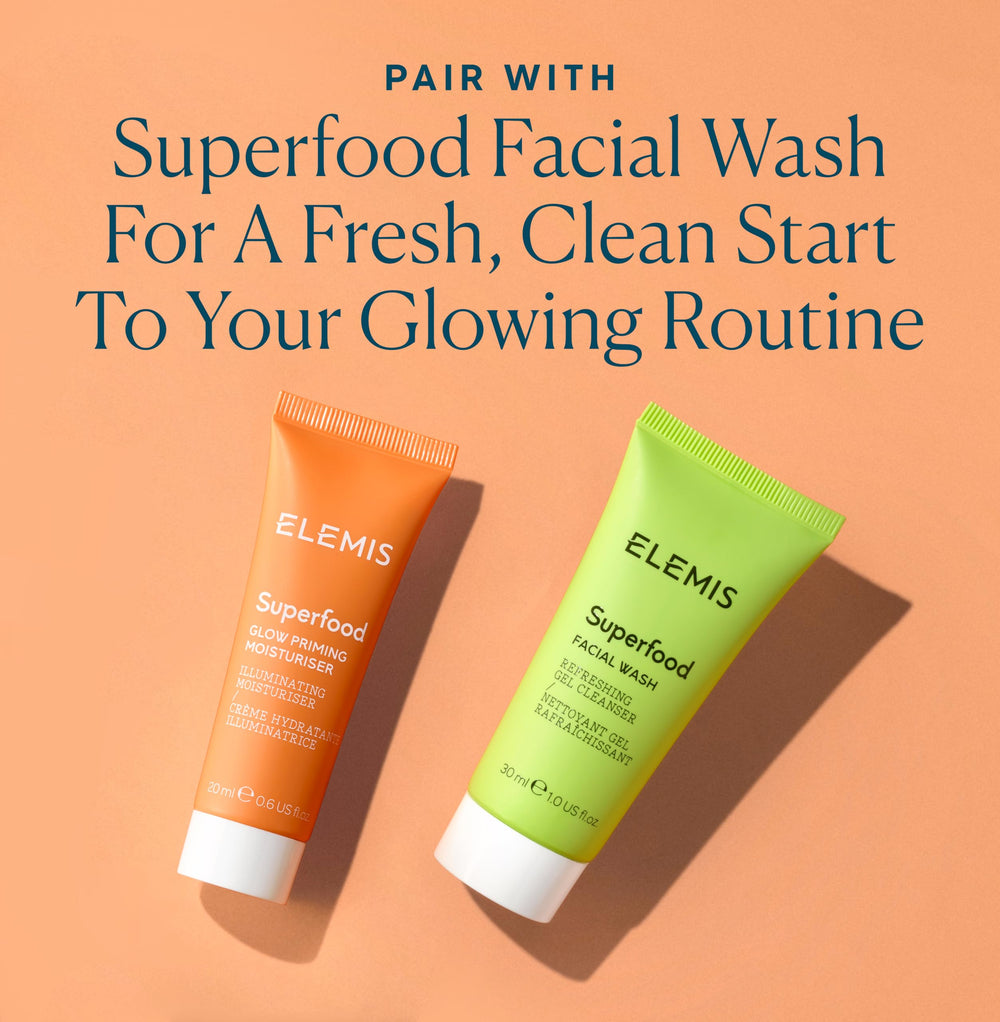 Elemis Superfood Glow Priming Moisturizer primer use shows makeup ready skin boost.