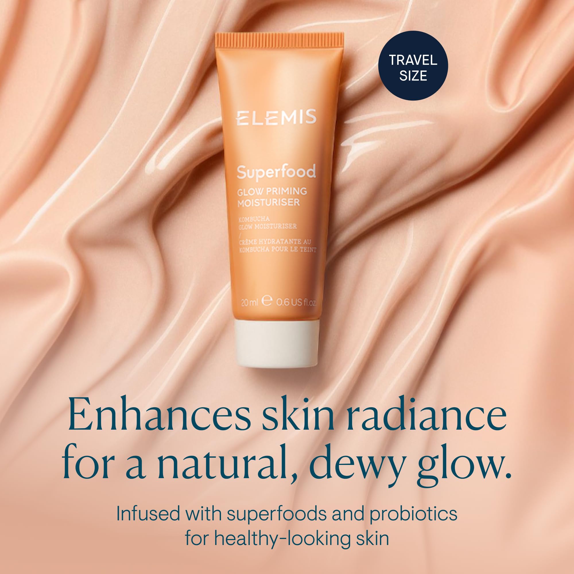 Elemis Superfood Glow Priming Moisturizer texture close-up shows creamy consistency for dewy skin.