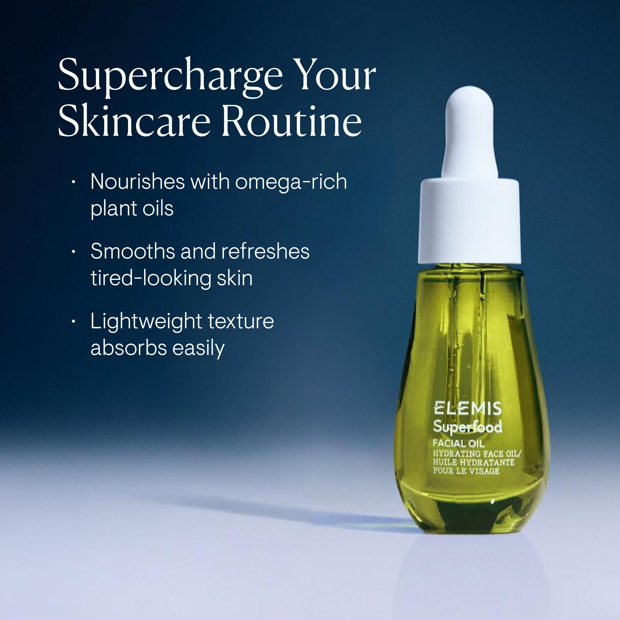 Elemis Superfood ingredients blend label highlights broccoli, rosehip, flaxseed and daikon radish