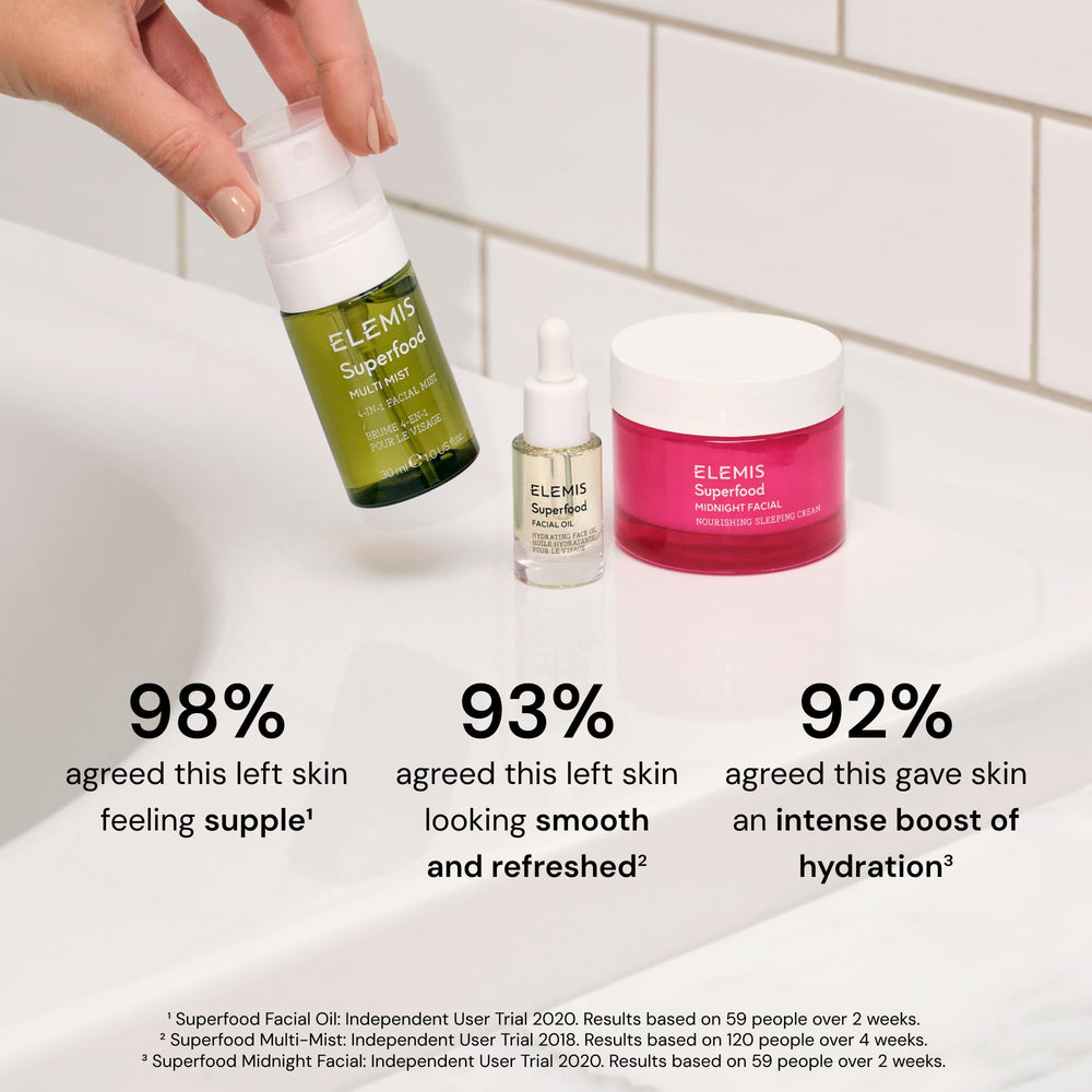 Elemis Superfood ingredients close-up highlights rooibos tea extract and plant-based nutrition.