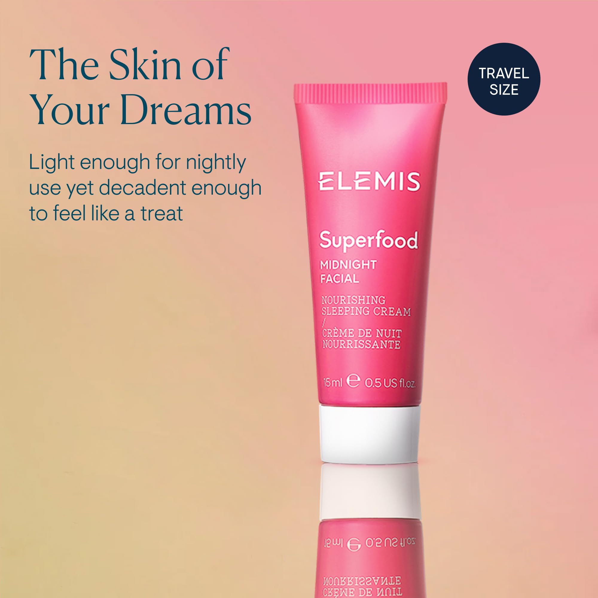 ELEMIS Superfood Night Cream bottle highlights camu camu vitamin C benefits.