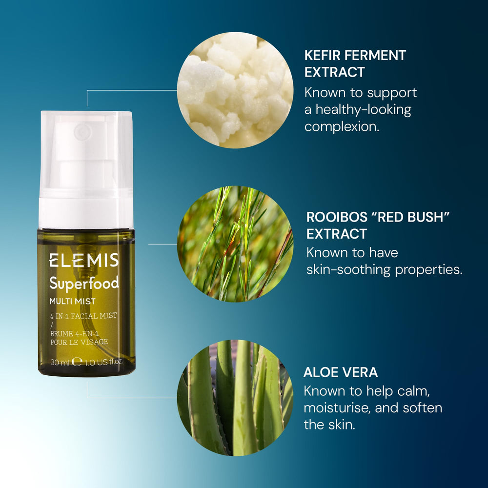 Elemis Superfood night routine steps image guides an evening skincare ritual.