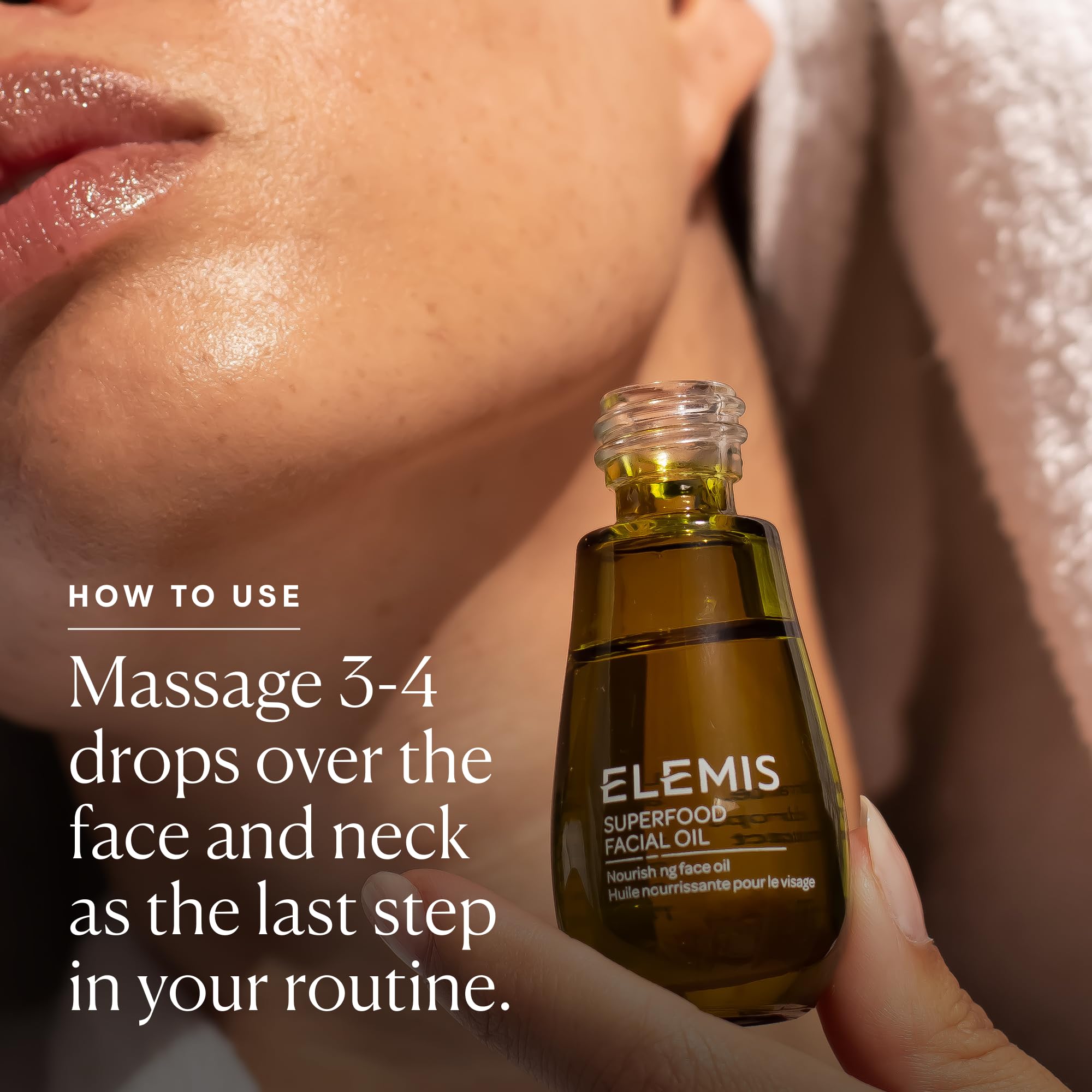 Elemis Superfood oil texture closeup suggesting quick absorption for morning routines