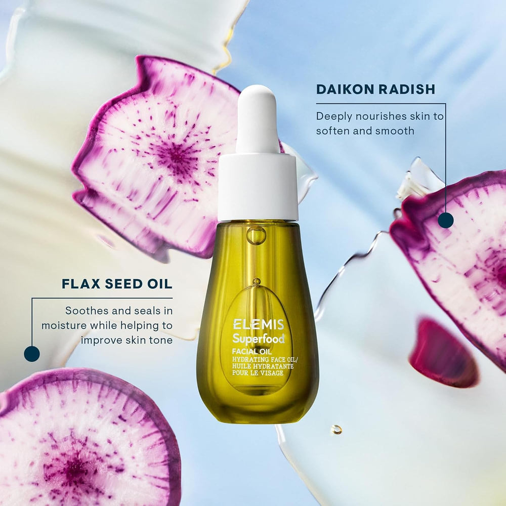 Elemis Superfood oil rosehip blend closeup indicating nourishing ingredients
