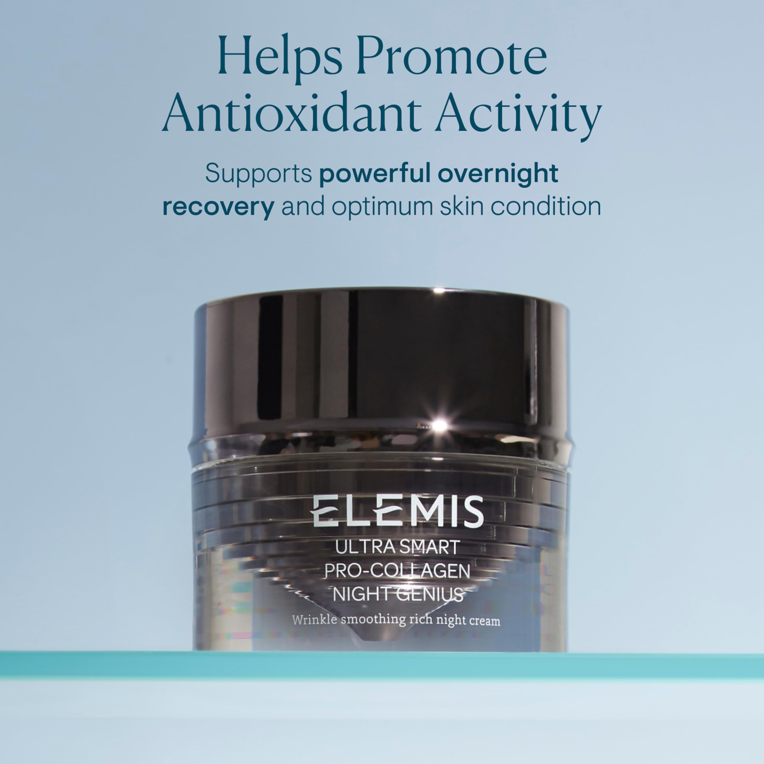 ELEMIS ULTRA SMART Night Genius packaging on dresser signaling premium ritual