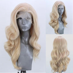 ELESTY long wavy blonde lace front wig, front view with natural hairline.