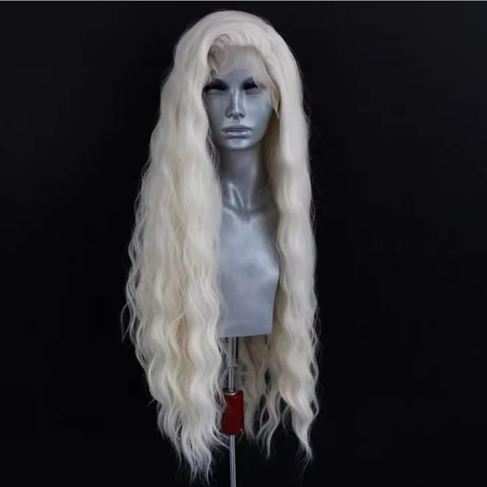 ELESTY long wavy white blonde wig back view showing full-length texture