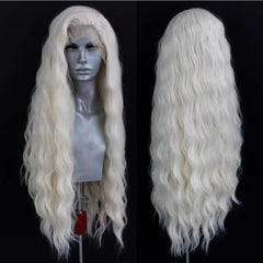 ELESTY long wavy white blonde wig front view for natural daily wear