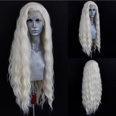 ELESTY long wavy white blonde wig side view for versatile styling